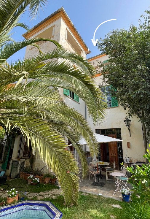Casa Maribel, view from the garden to the Hideaway's tower